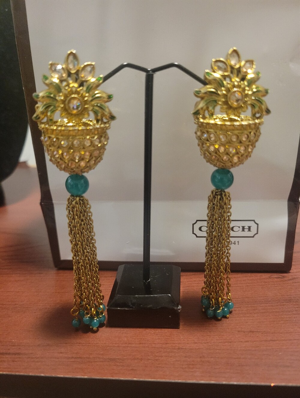 Gold and Teal Tassel Drop Earrings by